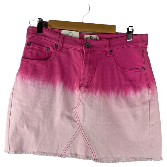NWT Umgee Pink Ombre Denim Mini Skirt Size Large Gradient Dip Dye Raw Hem Y2 - Picture 12 of 13